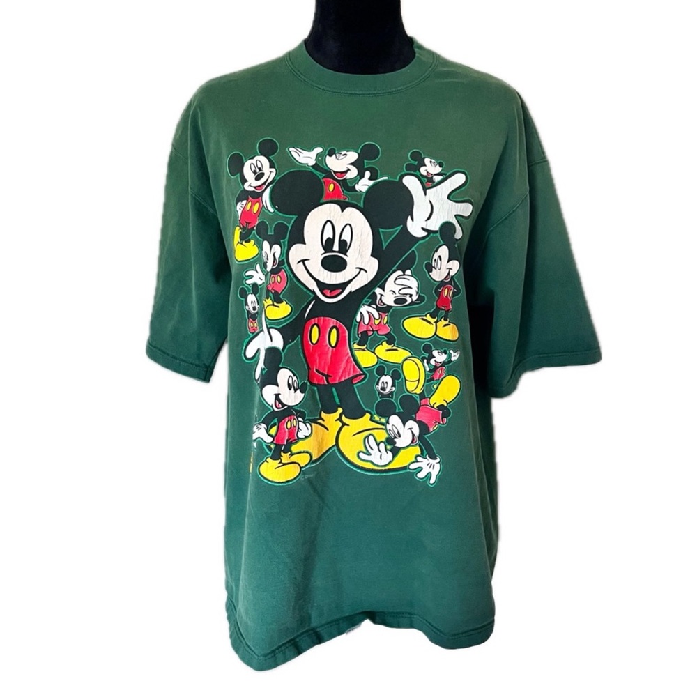 DISNEY Vintage Graphic Mickey Mouse Green T-shirt Sz M Unisex Collage Image